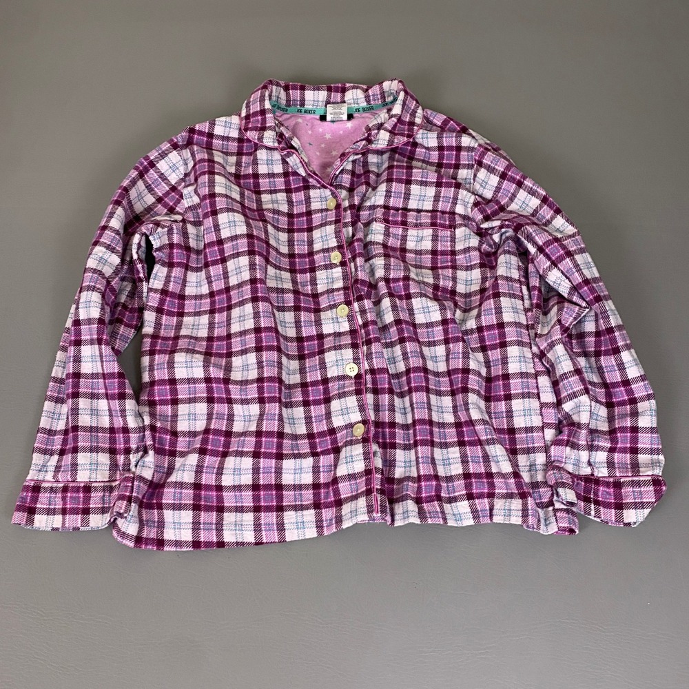 Joe Boxer Flannel Pajama Top Womens XL Purple Pink Plaid Button Front Sleepwear